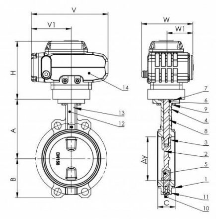 Затвор поворотный дисковый TECOFI межфл. VPI с электроприводом TECOFI 1ф-230V Ру16